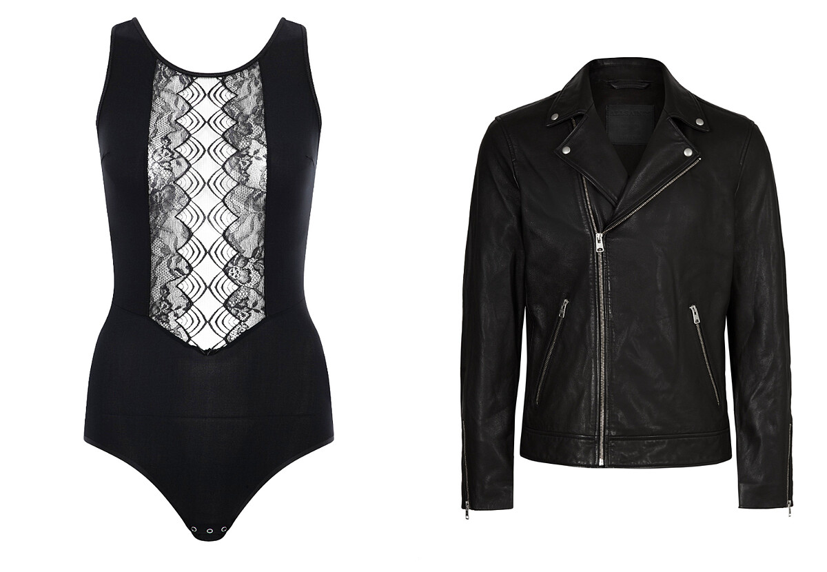 CHANTELLE ARABESQUE系列連身BODY,推薦價NT5,680;ALLSAINTS TYSON騎士皮衣推薦價NT18,600。