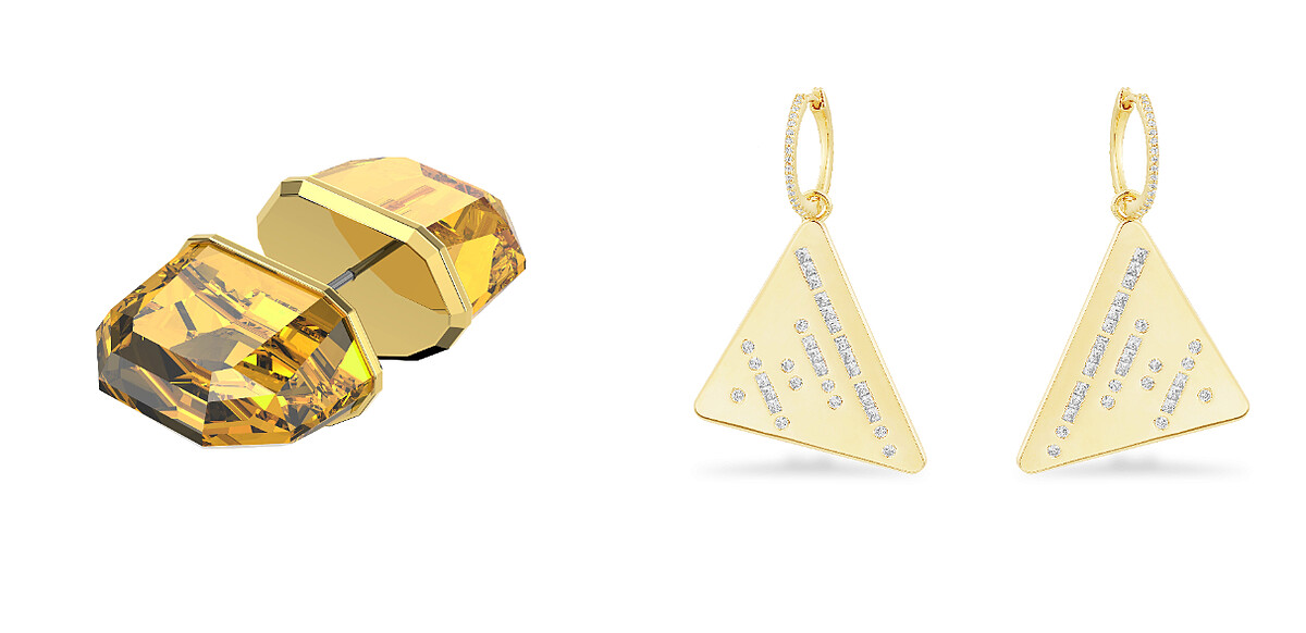 APM Monaco三角形ONE LIFE摩斯密碼耳環,推薦價NT7,900;SWAROVSKI LUCENT穿孔耳環,推薦價NT3,850。