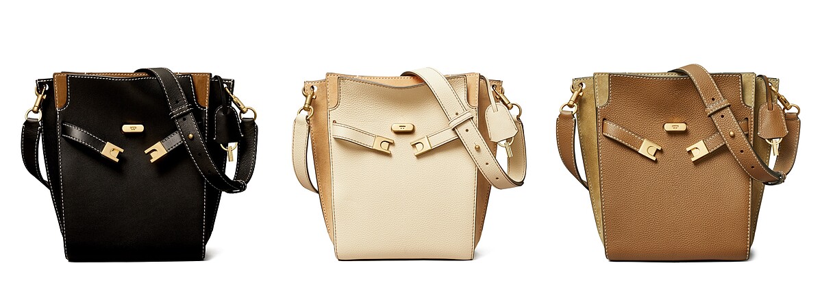 Tory Burch 炭石黑/新月白/虎眼棕 Lee 系列水桶包 各NTD 42,900