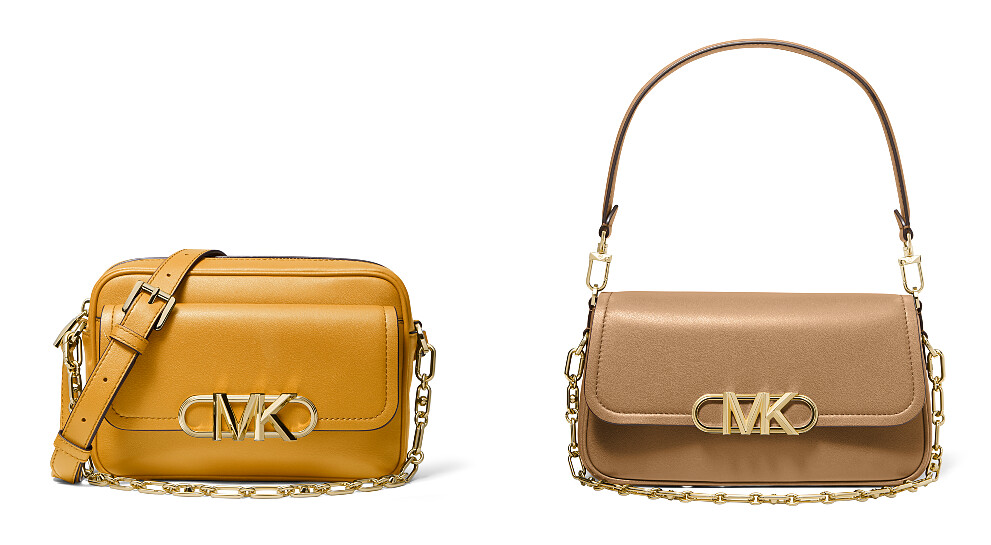 Parker 黃色金屬飾相機包，NT16,500；Parker 駝色金屬飾側背包，NT22,000