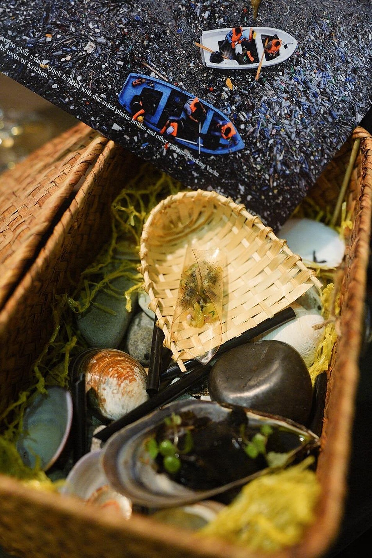 第一道菜上桌前會附上讓人感到驚心動魄的明信片,讓你無法忽視迫切的海洋永續議題。