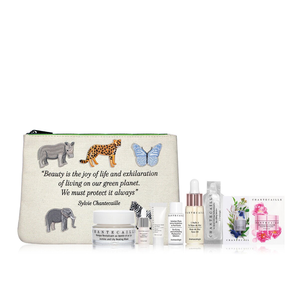 ⟪抗敏修復小奢華組⟫ 五月玫瑰花妍極萃精華油 15ml，花妍保濕修護面膜 15ml，妍調理保濕霜 8ml，花妍亮晶精萃露 10ml，喚顏粉晶萃4ml，五月玫瑰按摩潔淨霜2ml，鑽石級眼霜 升級版0.2ml，鑽石級精華液 升級版1ml，慈善別針包 (隨機)。