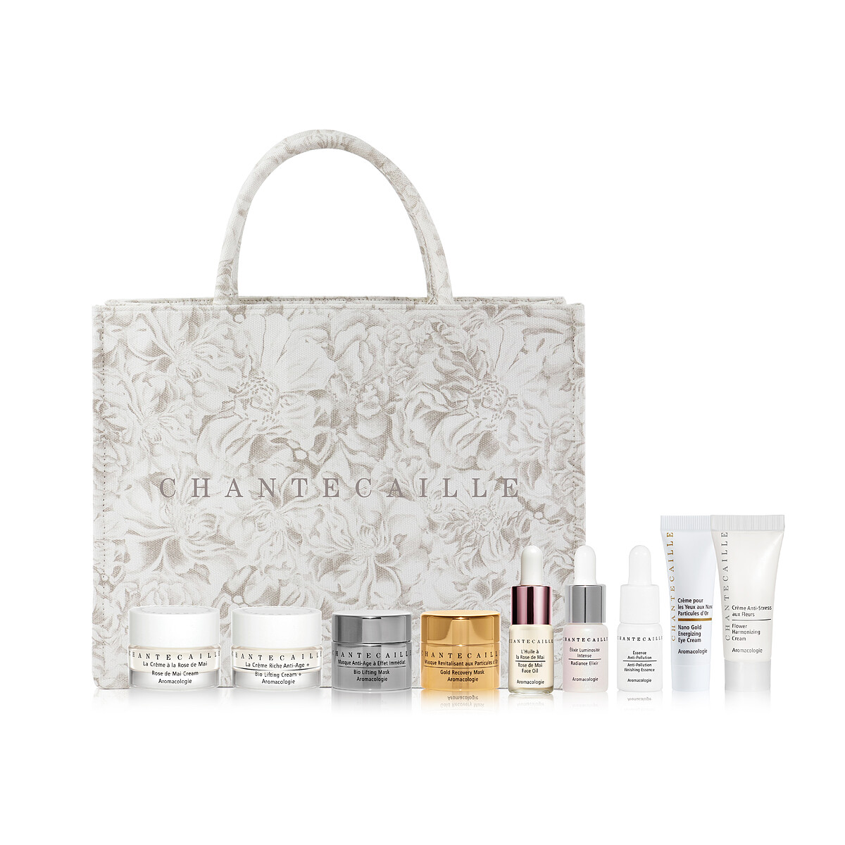 ⟪金奢鑽顏頂級10件組⟫ 花妍調理保濕霜 8ml，鑽石級乳霜 升級版5ml，鑽石級面膜 升級版 5ml，極緻純金賦活面膜 5ml，極緻純金賦活眼霜 3ml，抗汙染防護凝露 4ml，喚顏粉晶萃 4ml，五月玫瑰花妍極萃精華油 4ml，五月玫瑰花妍乳霜 5ml，頂級緹花帆布托特包，價值NT$11,125。滿額贈不得累贈，數量有限送完為止。