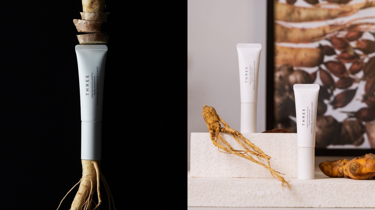 THREE平衡凝萃眼唇霜添加富含皂苷的人蔘萃取精華、具有溫熱及刺激感辛香的暖薑精油。