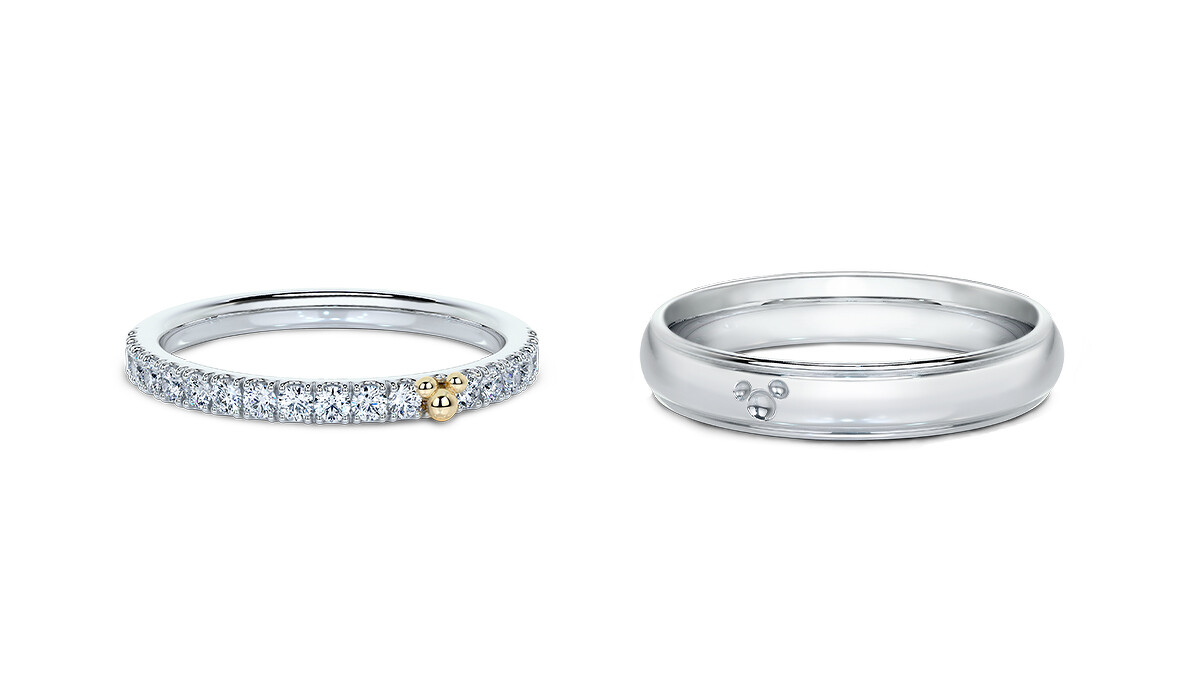 (左)經典米奇I Mean Us婚嫁系列結婚女戒，售價18K NT$35,600/HK$8,900 ; 鉑金 NT$42,800/ HK$10,700、(右)經典米奇I Mean Us婚嫁系列結婚男戒，售價18K NT$37,200/HK$9,300 ; 鉑金 NT$46,800/ HK$11,700