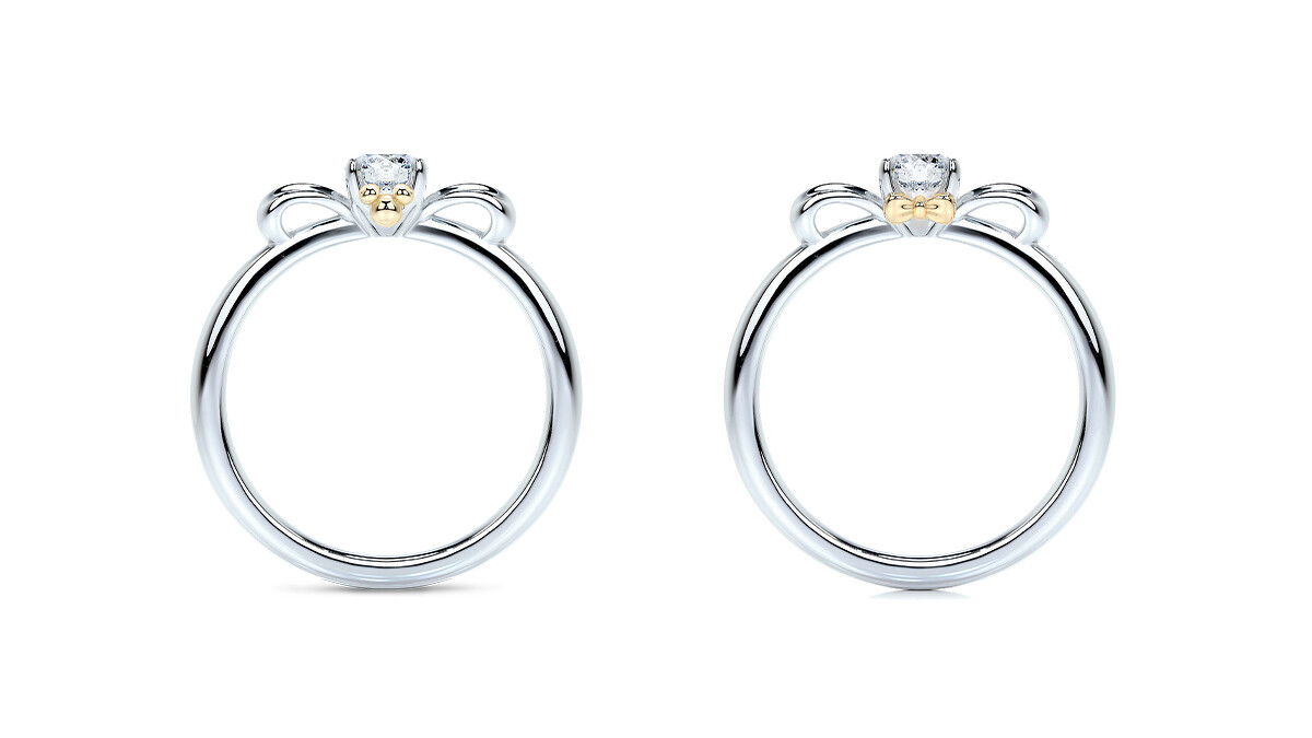 經典米奇Love Promise 婚嫁系列求婚鑽戒，一側飾有金黃色的蝴蝶結，另一側則飾以金黃色的米奇造型，象徵兩人相知相守不分離的情意，戒台售價 18K NT$32,800/HK$8,200 ; 鉑金 NT$40,000/ HK$10,000，主鑽價格另計