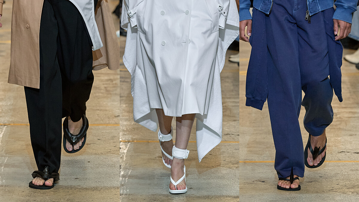 （左至右）泳圈充氣孔造型人字帶／衝浪時會綁在腳踝上的腳繩裝飾／鯊魚背鰭造型點綴