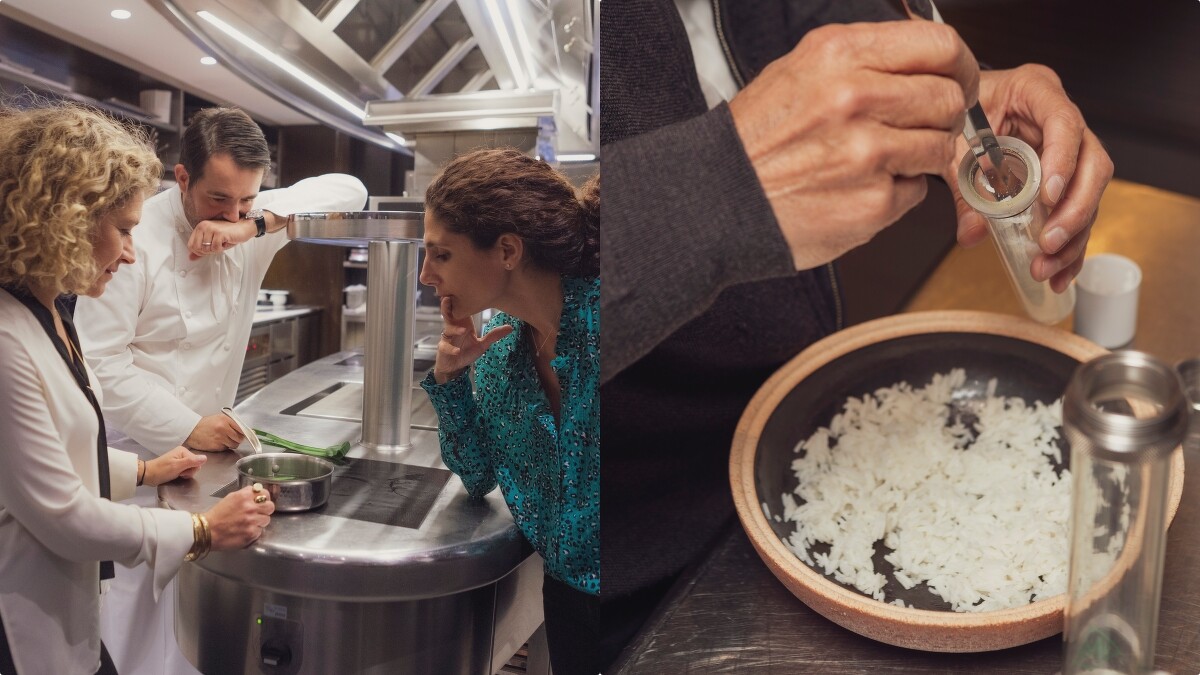 (左) Jo Malone London全球香氛研發總監Celine Roux、米其林名廚 Jean-François Piège與調香師Mathilde Bijaoui、(右)名廚系列紫羅蘭與佛手柑香氛工藝蠟燭 以米飯為靈感傳遞溫暖氣息。