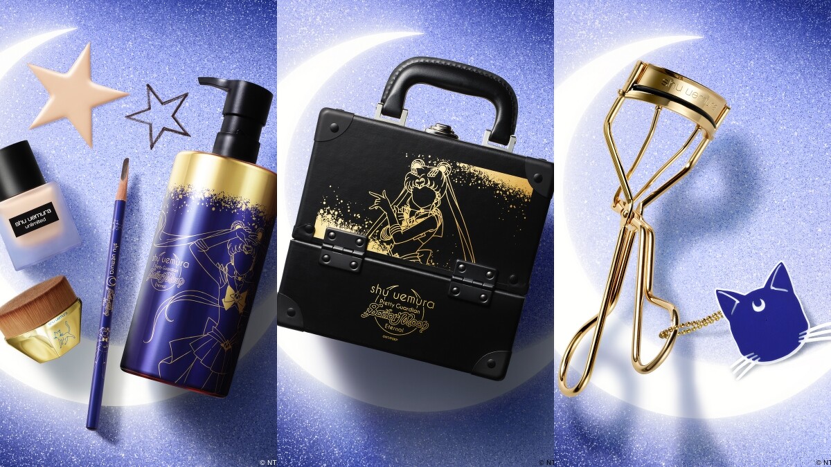 shu uemura植村秀x《美少女戰士Eternal》劇場版武士刀眉筆(#灰棕),NT900、全能奇蹟金萃潔顏油150ml,NT1,600、450ml,NT3,650、#55零刷痕粉底刷,NT1,900、睫毛夾,NT650、彩妝箱,NT9,500