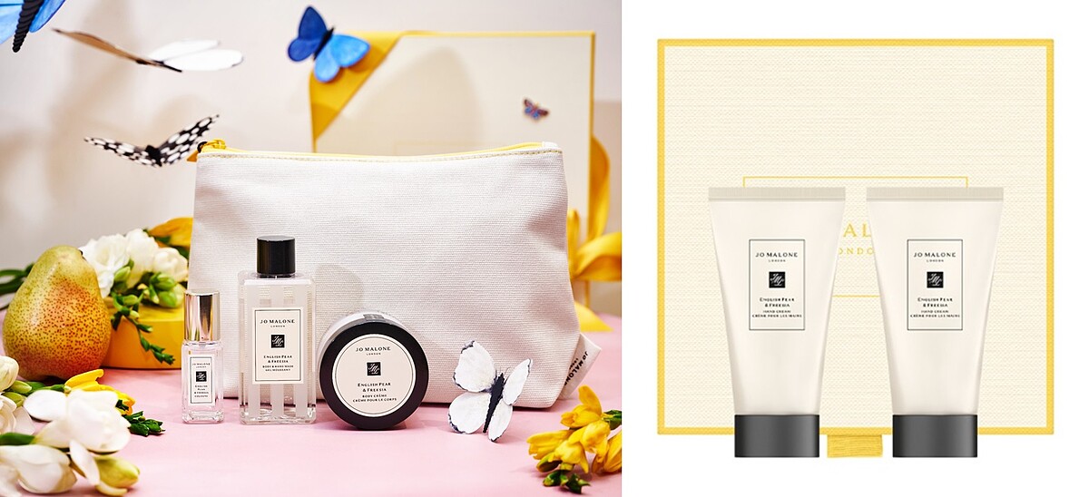 左為:英國梨與小蒼蘭奢華糅香旅行組NT2,800、右為:英國梨與小蒼蘭護手霜禮盒NT2,050