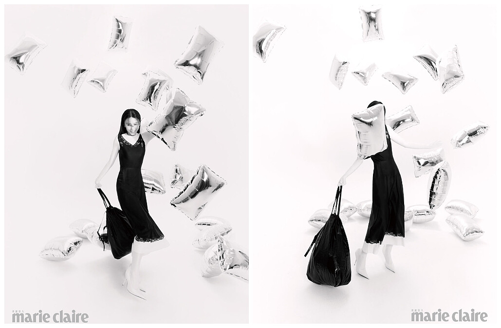 黑白連身洋裝、黑色垃圾袋造型束口包，both by Balenciaga。