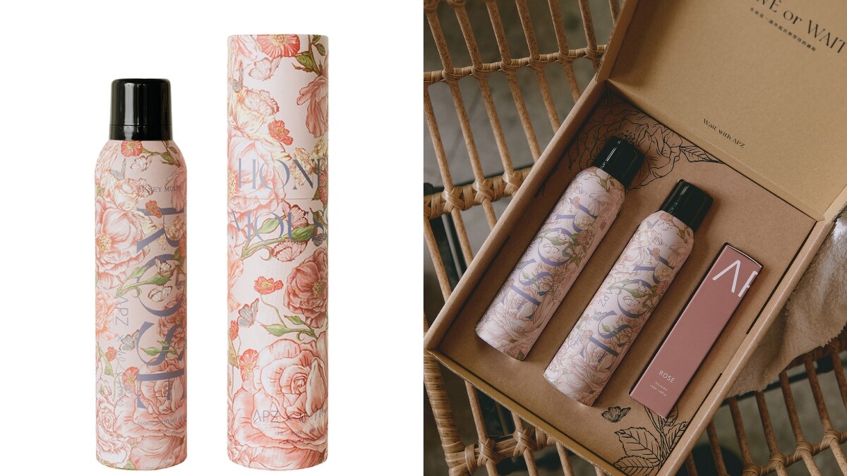 APZ ROSE初生沐浴慕斯浪花聯名款，NT780。APZ浪花聯名款ROSE禮盒(ROSE初生沐浴慕斯浪花聯名款*2、ROSE玻尿酸保濕乾洗手凝露*1，NT1,680