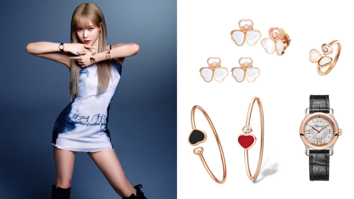 Chopard x aespa Winter穿戴單品：Happy Sport系列腕錶(精鋼/18 K玫瑰金錶殼：滑動鑽石五顆)、Happy Hearts系列戒指(18 K玫瑰金和珍珠母貝)、Happy Hearts系列耳環(18 K玫瑰金和珍珠母貝)、Happy Hearts系列手環(18 K玫瑰金配紅心裝飾；18K玫瑰金和縞瑪瑙)。