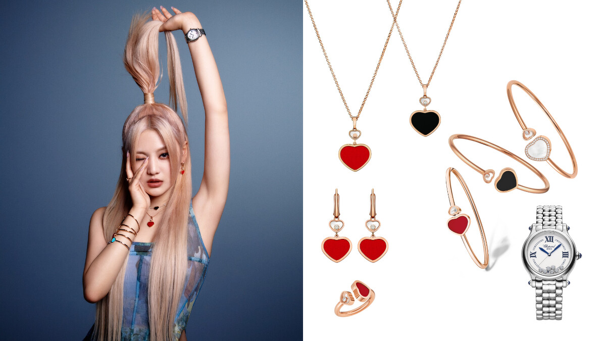 Chopard x aespa NingNing穿戴單品：Happy Sport系列腕錶(限量1993只，精鋼錶殼33mm /7顆滑動鑽/石/錶耳鑲蛋面形藍寶)、Happy Hearts系列項鍊(18K玫瑰金配紅心裝飾、18K玫瑰金配縞瑪瑙裝飾)、Happy Hearts系列戒指(18K玫瑰金配紅心裝飾)、Happy Hearts系列耳環(18 K玫瑰金配紅心裝飾)、Happy Hearts系列手環(18 K玫瑰金和珍珠母貝；18 K玫瑰金和縞瑪瑙；18 K玫瑰金配紅心裝飾)。