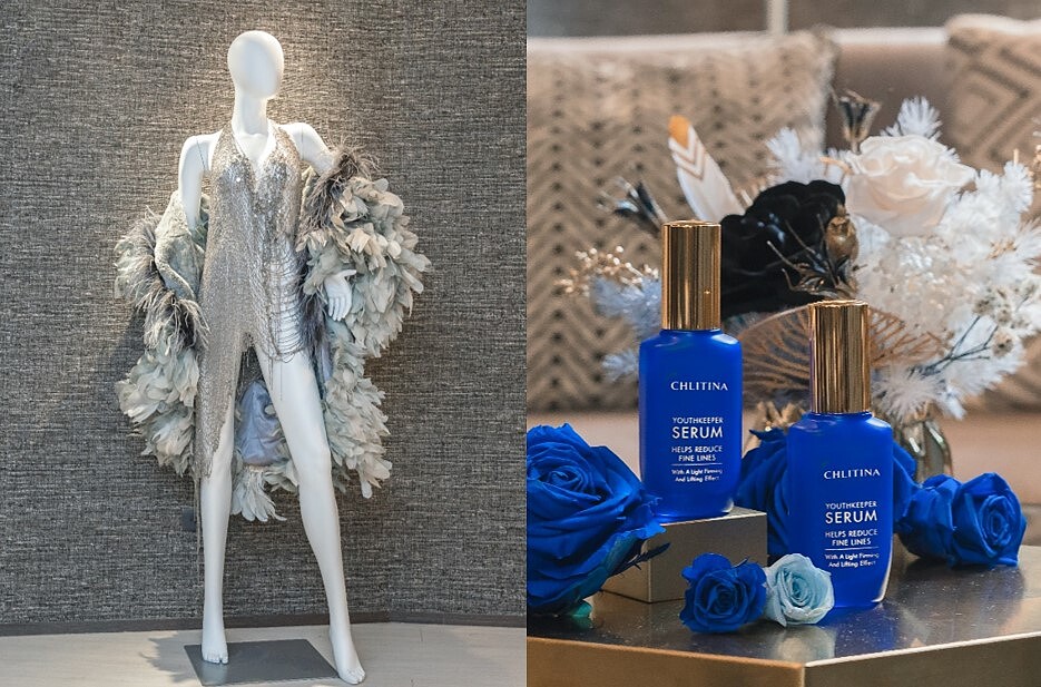 (左)黃淑琦2003年迷霧世界主秀服裝、(右)克麗緹娜童妍精粹液