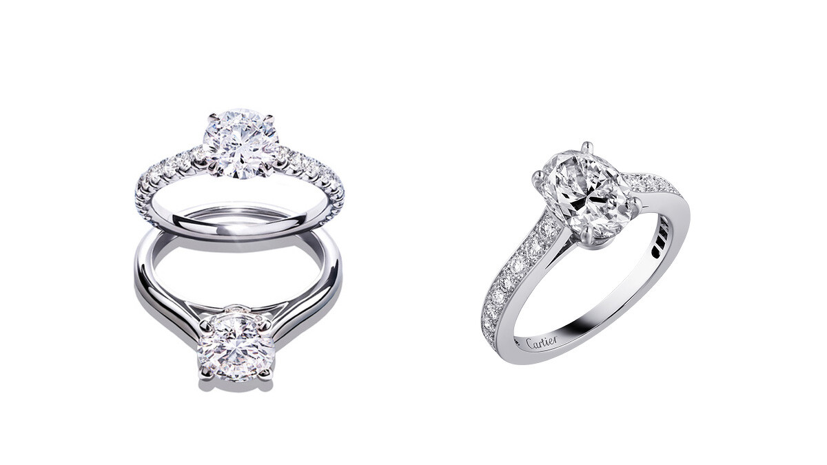 (左)Solitaire 1895鑽戒系列 (右) Solitaire 1895包鑲鑽石戒指，鉑金，橢圓形切割鑽石。