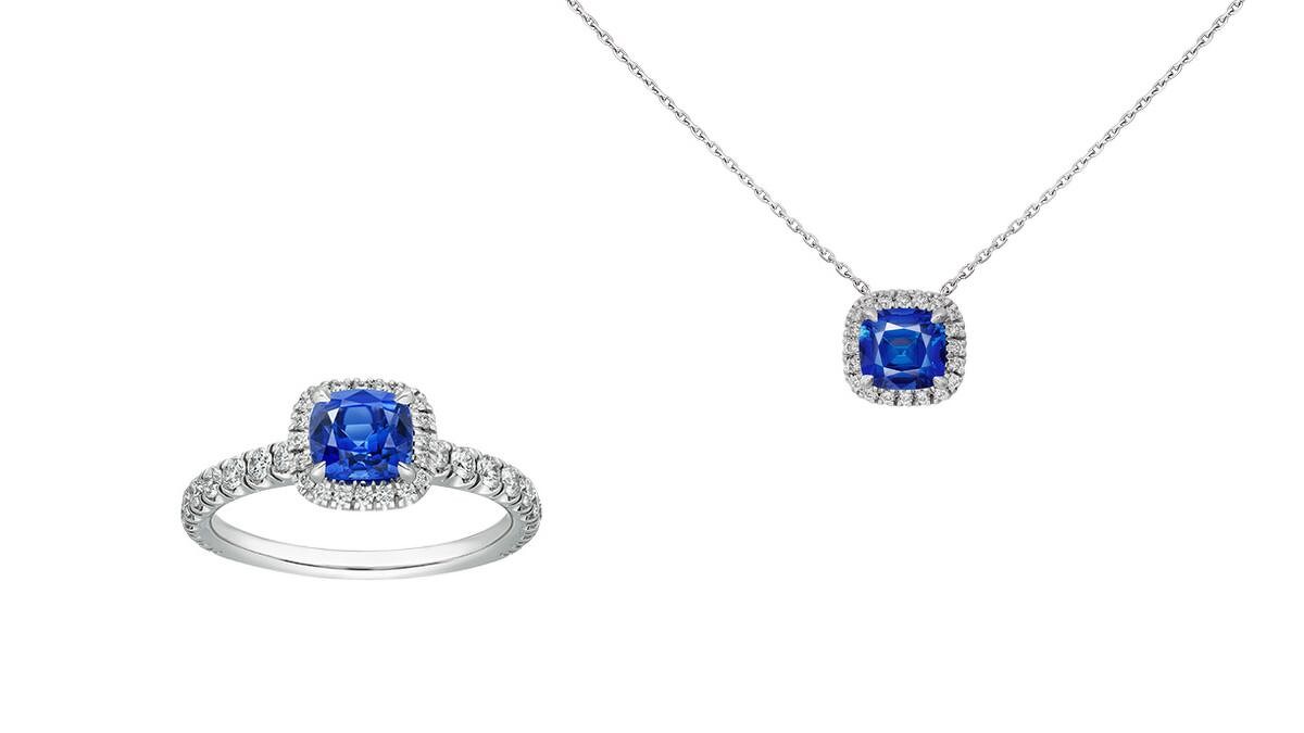 (左)Cartier Destin&eacute;e彩色寶石戒指，鉑金，藍寶石，鑽石。 (右)Cartier Destin&eacute;e彩色寶石項鍊，鉑金，藍寶石，鑽石。
