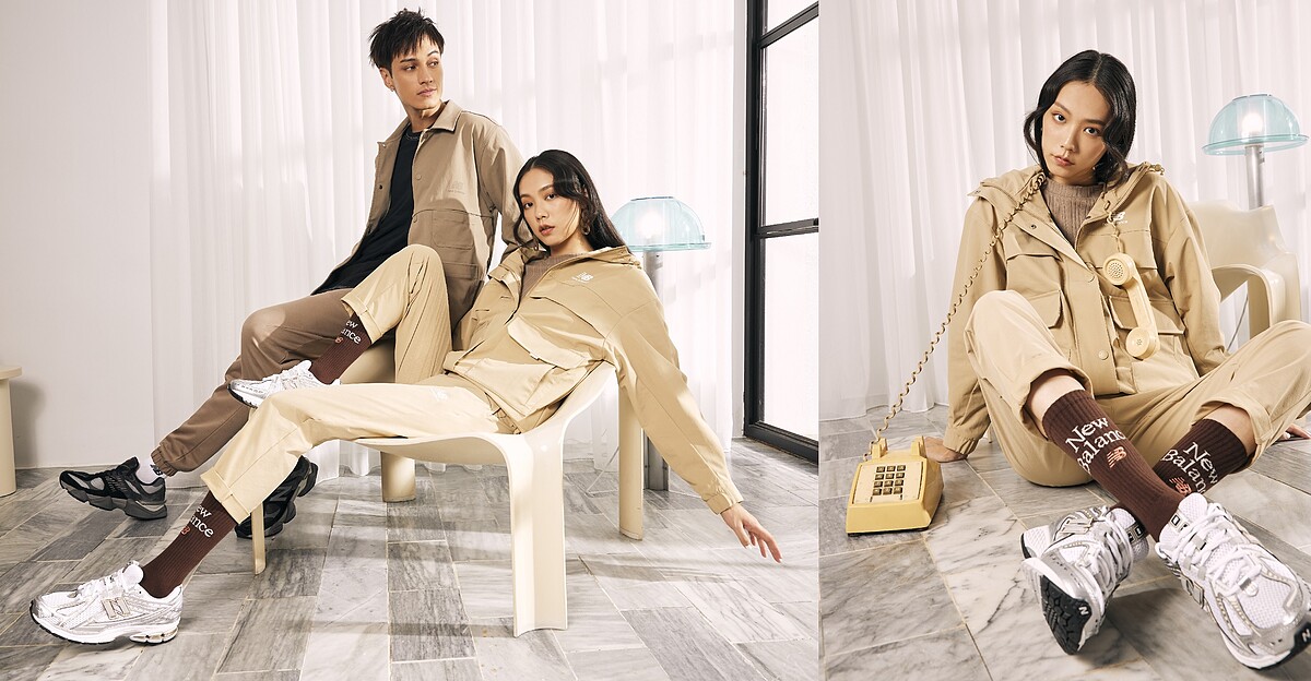 女：休閒機能風衣外套NT3,980、親膚直條紋上衣NT1,980、休閒綁帶長褲NT2,280、NB1906R鞋款NT4,680。 男：撞色條紋上衣NT1,380、俐落感風衣外套NT3,280、休閒綁帶長褲NT2,280、NB 9060鞋款NT4,680。