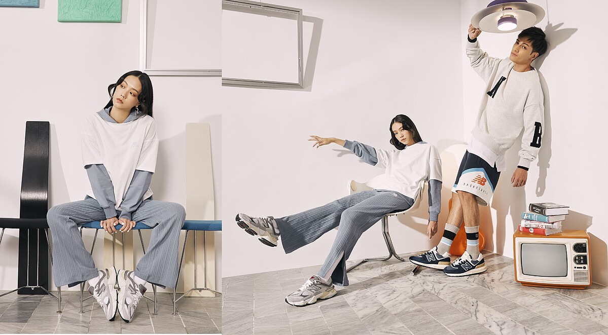 女：純色連帽帽T NT2,280、短袖LOGO 上衣NT1,280、親膚直條紋開岔長褲NT2,080、NB 9060鞋款NT4,680。 男：棉質字母衛衣NT2,380、運動透氣短褲NT1,280、NB574 LEGACY鞋款，NT3,280。