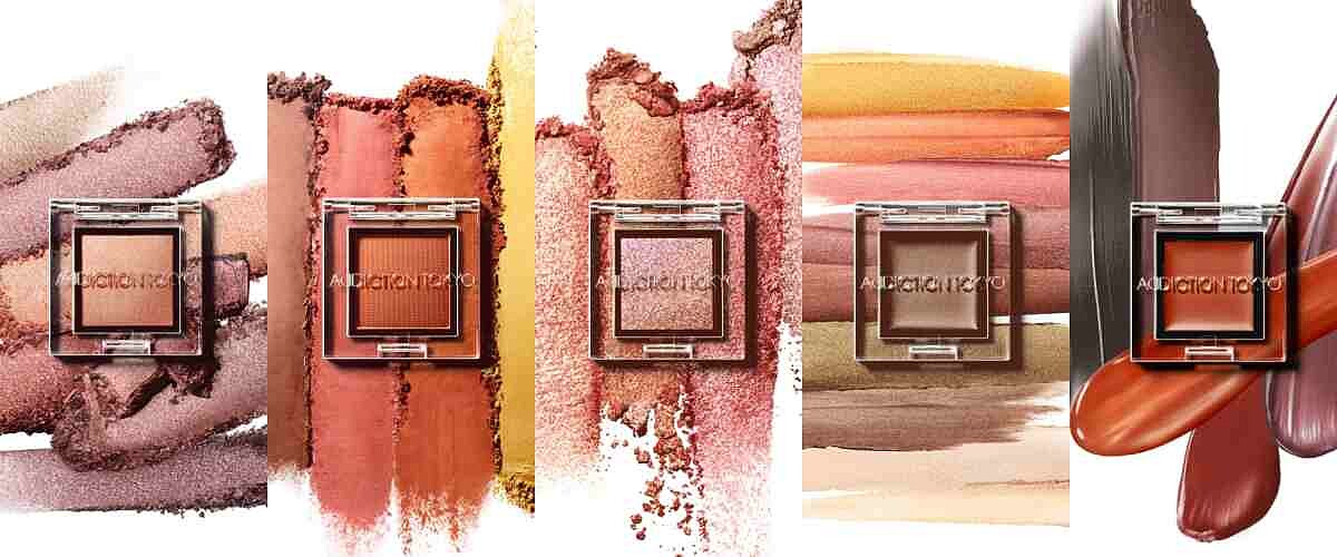 ADDICTION奧可玹魅癮眼采共有五種質地，左起分別為珠光、霧面、閃爍光、天鵝絨、絲綢光。