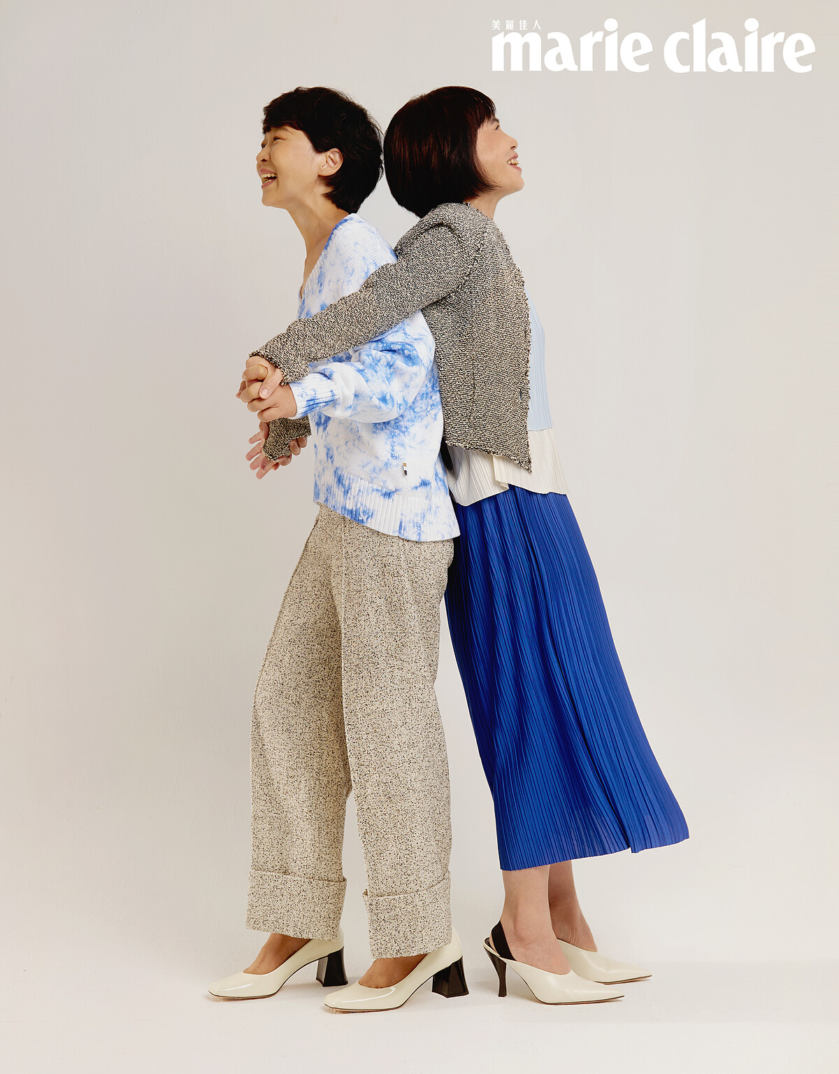 Paulina／渲染針織上衣，Boss；黑白平織西裝褲帶，Club Monaco；白色方頭高跟鞋，Boss。連珮如／藍色壓褶洋裝，Boss；黑白針織外套，Rag & Bone；白色尖頭高跟鞋，Boss。