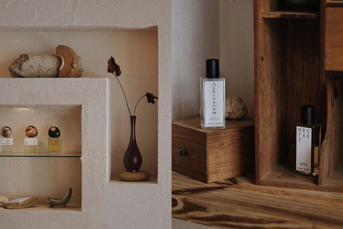 牆面則使自然漆圖飾,並部份挖空造型,成為展示香水的陳列空間。