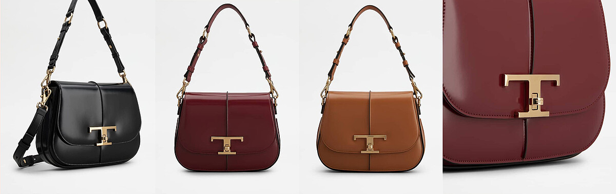 TOD&rsquo;S 黑色、紅色、駝色T Timeless馬鞍包，NT88,700，馬鞍包上設有特製的T字金屬旋轉金屬釦