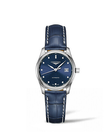  Longines 浪琴表巨擘系列 29毫米鱷魚皮錶帶點鑽時標午夜藍女錶