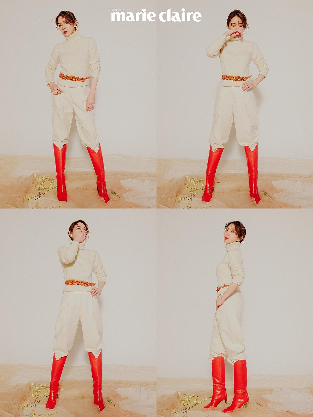 白色高領毛衣、白色西裝長褲、紅色跟靴，All by Longchamp；咖啡色腰帶，Salvatore Ferragam。