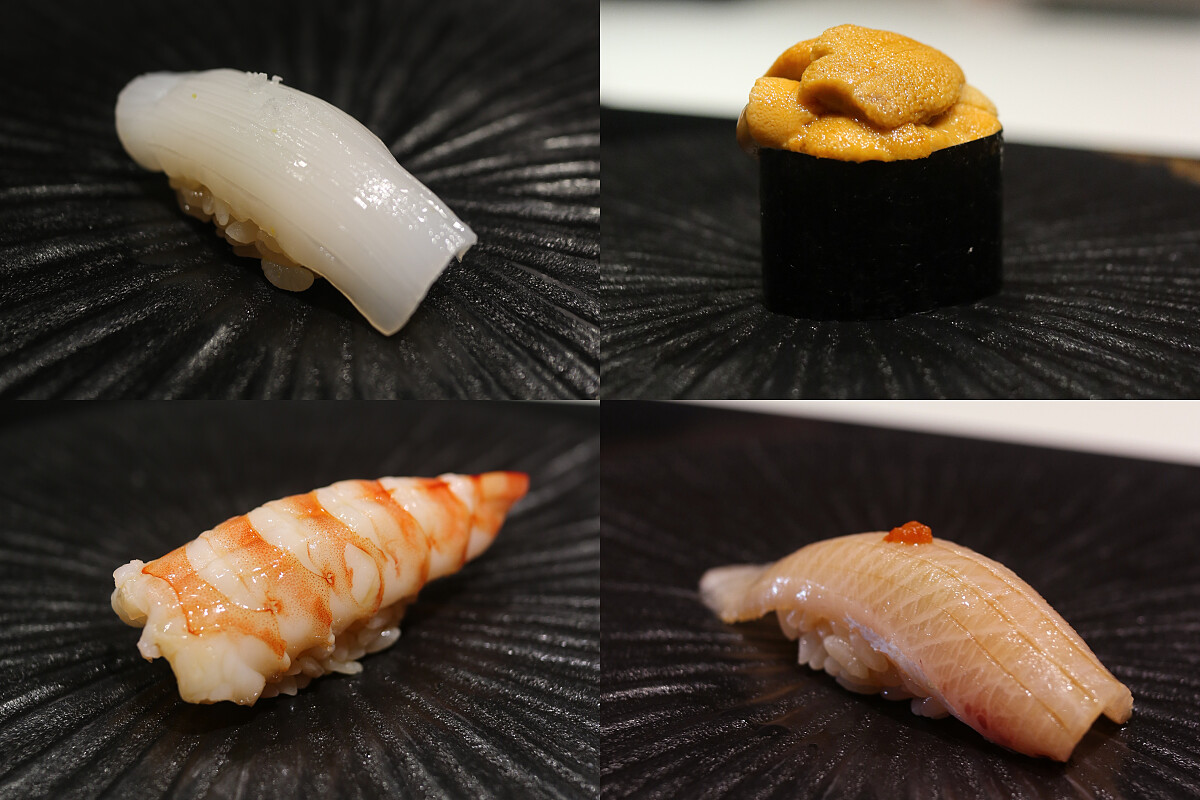 （順時針方向）烏賊握壽司、紫海膽軍艦壽司、鰤魚握壽司、熊本明蝦握壽司。