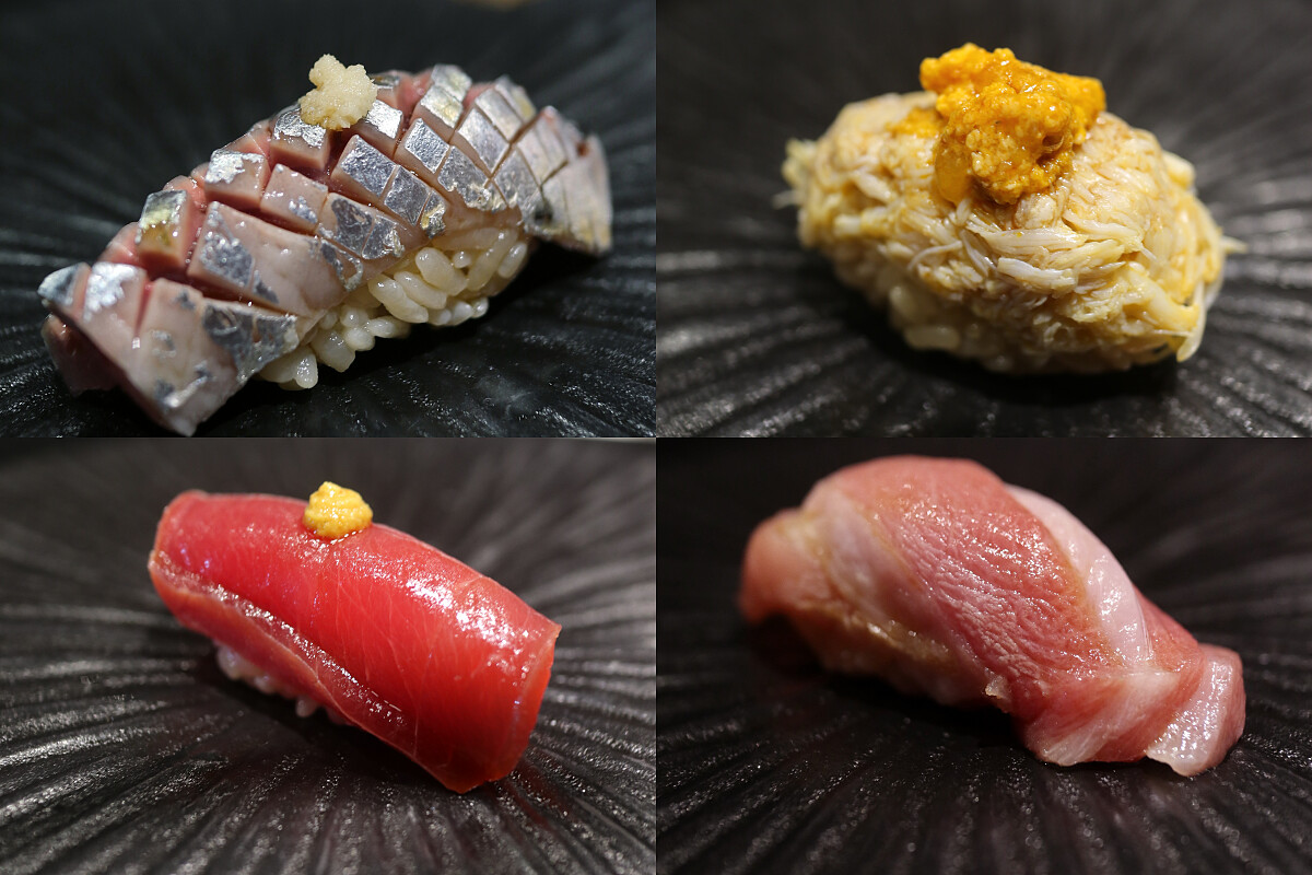（順時針方向）秋刀魚握壽司、蟹肉握壽司、大腹壽司、刺身壽司。