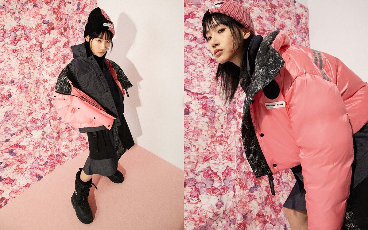 (左)Arctic Cashmere跳色羊毛帽、Mercer Down Jacket解構式短羽絨夾克(科技絢彩粉)、Bedford Skirt不規則造型裙(科技絢彩粉色)、Snow Mantra雪靴(右）Mercer Down Jacket解構式短羽絨夾克(科技絢彩粉)