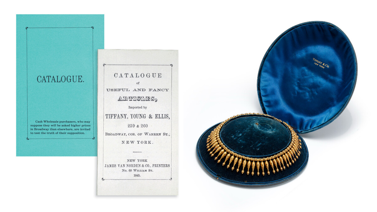 左/1845年，第一本Blue Book精選目錄 右/Tiffany古典珍藏庫-第一本Blue Book之高級珠寶作品(1850-1870)