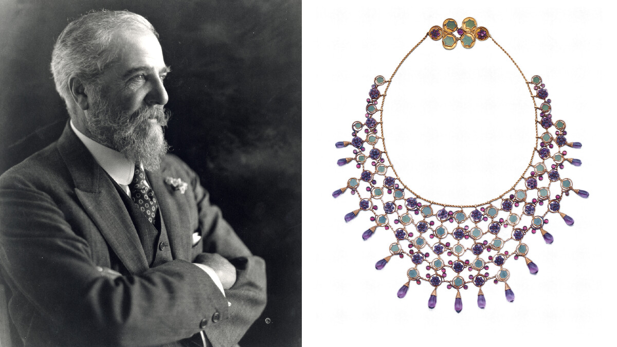 右/葡萄籐項鏈，1906年，Louis Comfort Tiffany設計。設計原型來自於印度次大陸的民間珠寶，將紫水晶、玻璃墜飾和翡翠融合在一起，從黃金打造的鏈索上垂墜而下，宛若晶瑩剔透的葡萄。