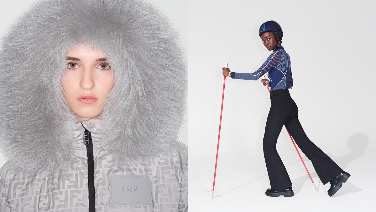 Fendi Capsule系列FF Logo滑雪服、護目鏡、銀白頭盔，為滑雪之旅準備