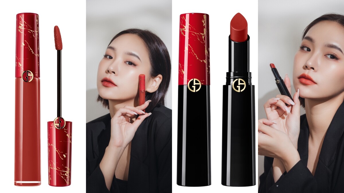 Giorgio Armani奢華絲絨訂製唇萃(#405緋紅禮帽)6.5ml,NT1,400、奢華絲緞訂製唇膏(#405緋紅禮帽)3.1g,NT1,450