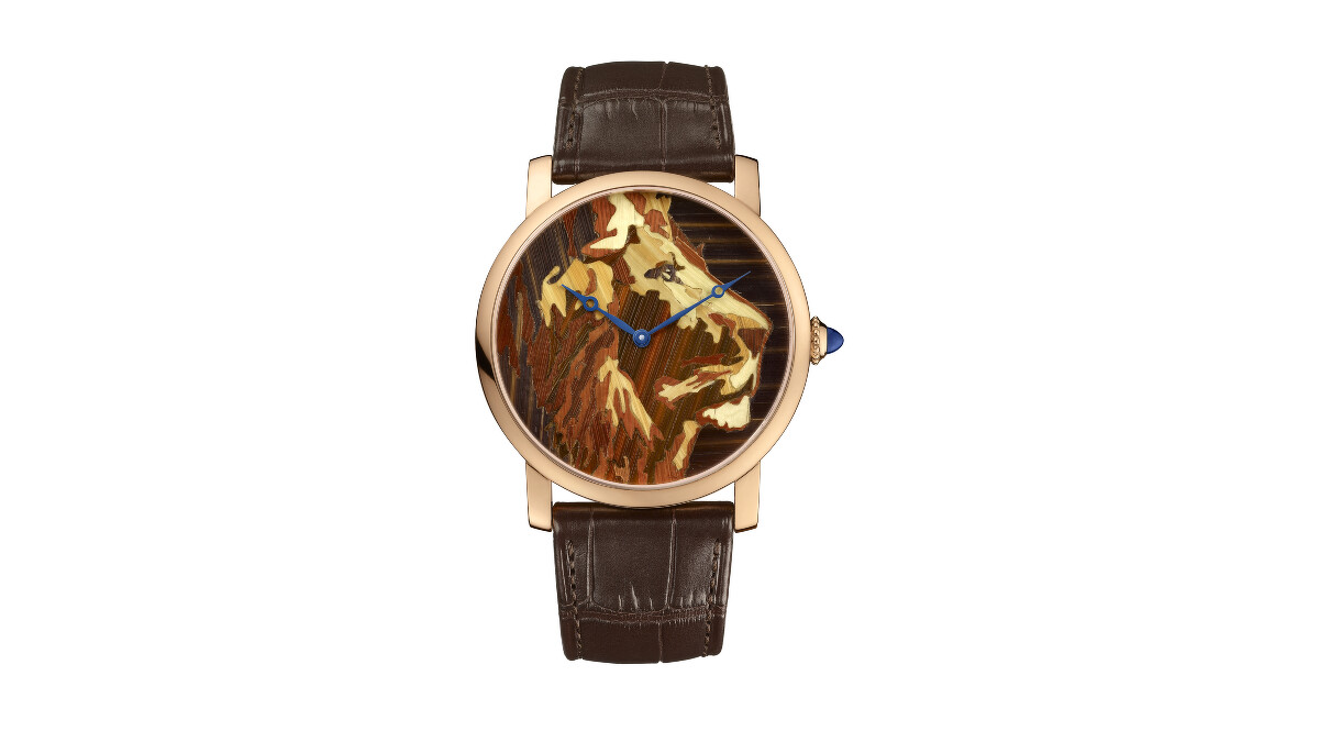 卡地亞大師工藝系列腕錶&mdash;麥稈鑲嵌工藝。