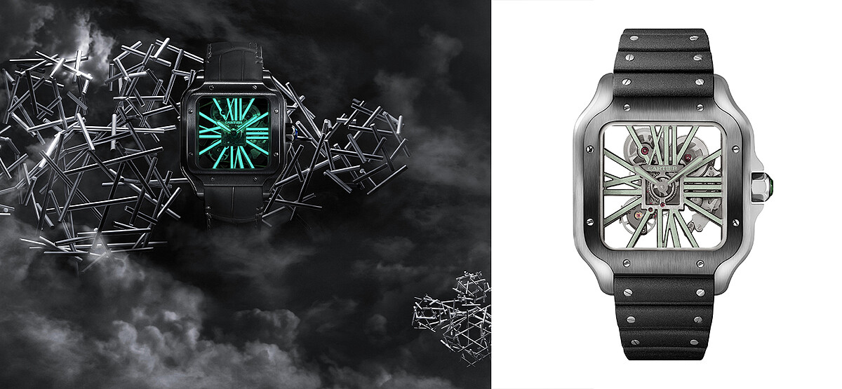 (左) Santos de Cartier鏤空腕錶Super-Luminova夜光塗層情境圖。 (右) 台北101旗艦店限定錶款Santos de Cartier鏤空綠玉石腕錶，大型款。