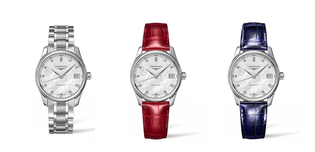 Longines浪琴表Master巨擘系列白色珍珠母貝面盤不鏽鋼錶帶女士腕錶、白色珍珠母貝面盤紅色皮革錶帶女士腕錶、白色珍珠母貝面盤藍色皮革錶帶女士腕錶，各NT79,900。 