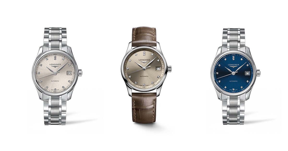 Longines浪琴表Master巨擘系列香檳金色陽光放射紋面盤不鏽鋼錶帶女士腕錶、金色陽光放射紋面盤褐灰色皮革錶帶女士腕錶、藍色陽光放射紋面盤不鏽鋼錶帶女士腕錶，各NT78,000。 