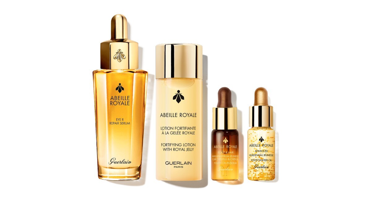 皇家蜂王乳黃金冰滴亮眼精萃組 優惠價NT$3,555 價值NT$5,852，皇家蜂王乳黃金冰滴眼萃20ml (正品)、皇家蜂王乳蜜露40ml、皇家蜂王乳頭皮修護精華5ml、皇家蜂王乳平衡油3G 