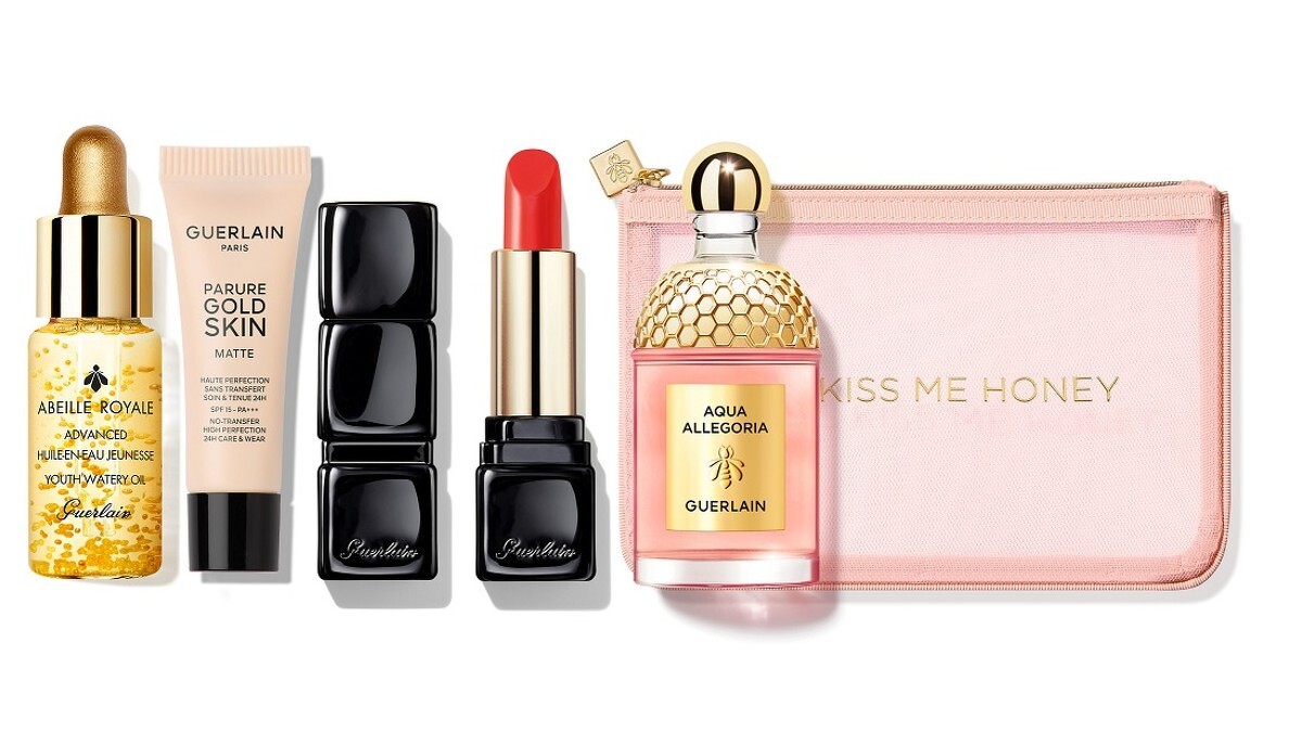 皇家蜂王乳平衡油3G 5ml、嬌蘭24K純金持久無瑕粉底 SPF15 PA+++ 1N 3ml、KISSKISS法式之吻迷你唇膏#344、花草水語晨霧玫瑰淡香精7.5ml、KISS ME蜜漾化妝包。
