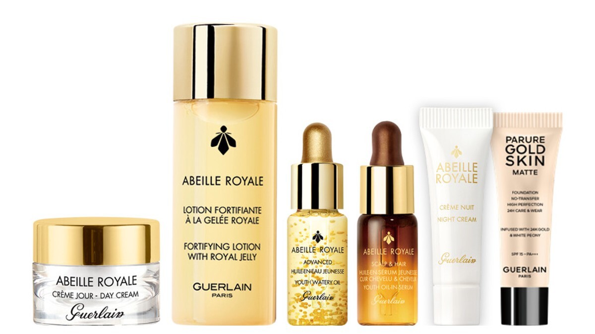 皇家蜂王乳蜂蜜修護霜7ml、皇家蜂王乳蜜露40ml、皇家蜂王乳平衡油3G 5ml、皇家蜂王乳頭皮精華5ml、皇家蜂王乳修護晚霜3ml及24K純金持久無瑕粉底3ml。