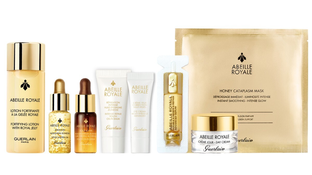 皇家蜂王乳蜜露40ml、皇家蜂王乳平衡油3G 5ml、皇家蜂王乳頭皮修護精華5ml、皇家蜂王乳臉部身體全能乳霜5ml、皇家蜂王乳超拉提亮眼霜3ml、皇家蜂王乳雙導精華5ml、皇家蜂王乳蜂蜜修護霜7ml、皇家蜂王乳3D繃帶超導面膜單片裝。