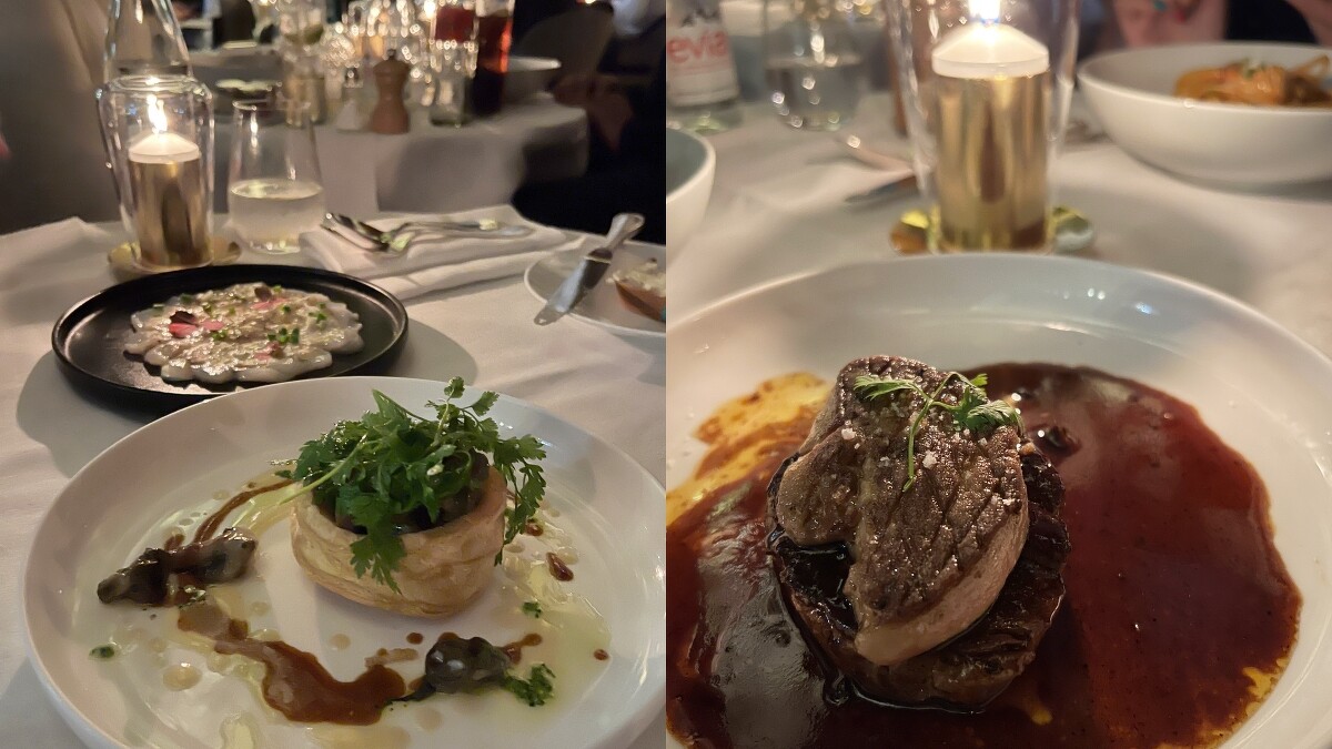 (左)開胃菜、(右)鵝肝牛排。