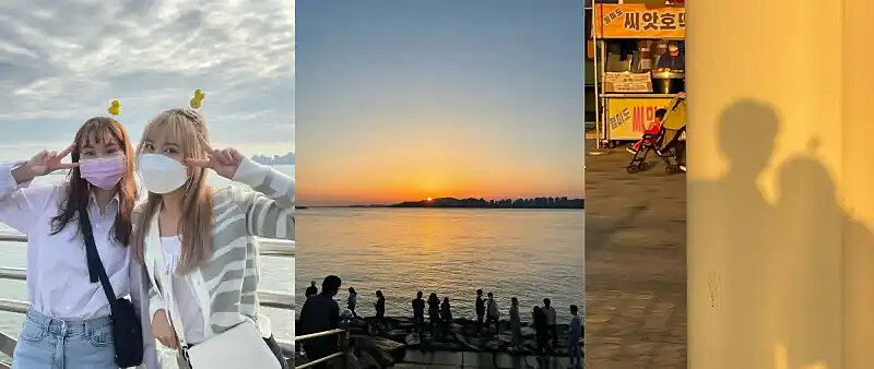 童話村可愛髮夾、港口浪漫落日、影子照&不小心入鏡港口旁很好吃的糖餅小攤（圖／@ruofan21） 