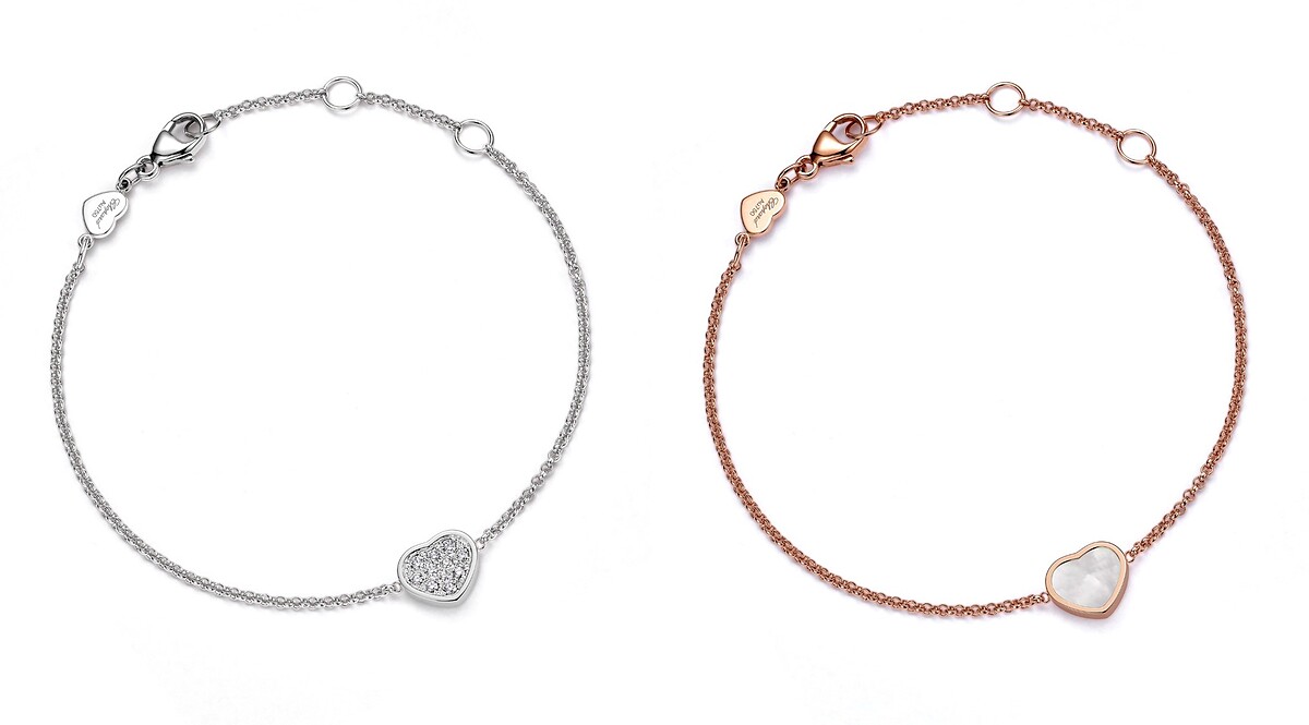 My Happy Hearts系列手鍊，18K白金手鍊鑲嵌鑽石裝飾；My Happy Hearts 系列手鍊18K玫瑰金手鍊鑲嵌白色珍珠母貝。 