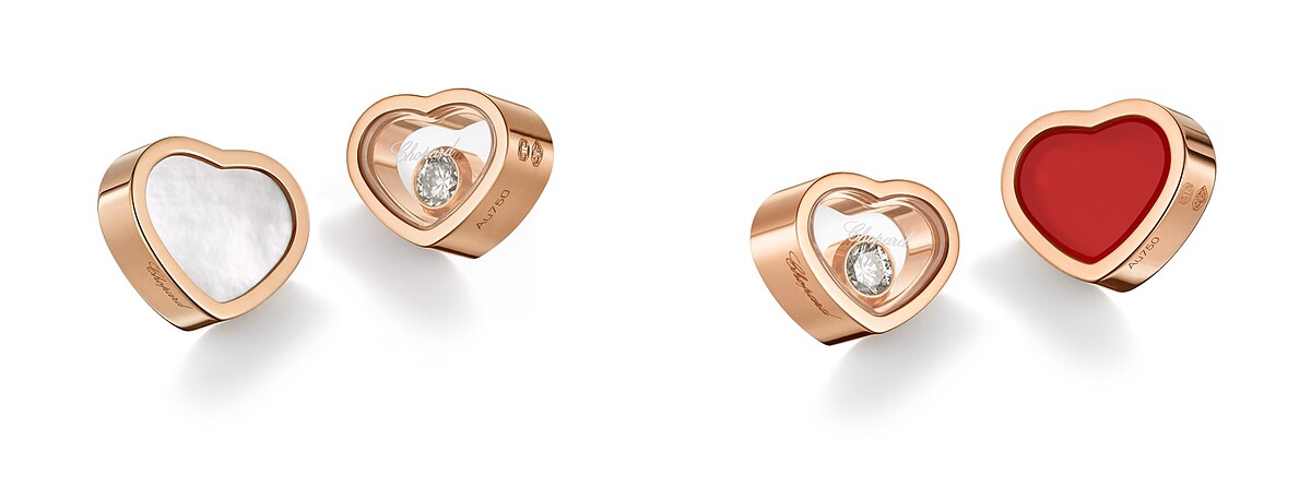 My Happy Hearts 系列耳環，（左至右）18K玫瑰金耳環鑲嵌白色珍珠母貝，18K玫瑰金耳環與單顆滑動鑽石，18K玫瑰金耳環與單顆滑動鑽石，18K玫瑰金耳環配紅心裝飾。