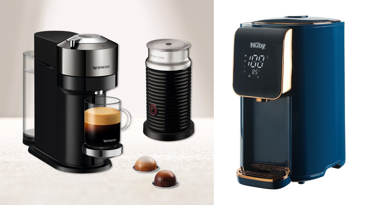 左Nespresso膠囊咖啡機Vertuo系列Next尊爵款+Aero3黑色奶泡機，右麗嬰房Nuby智能熱水器-海軍藍