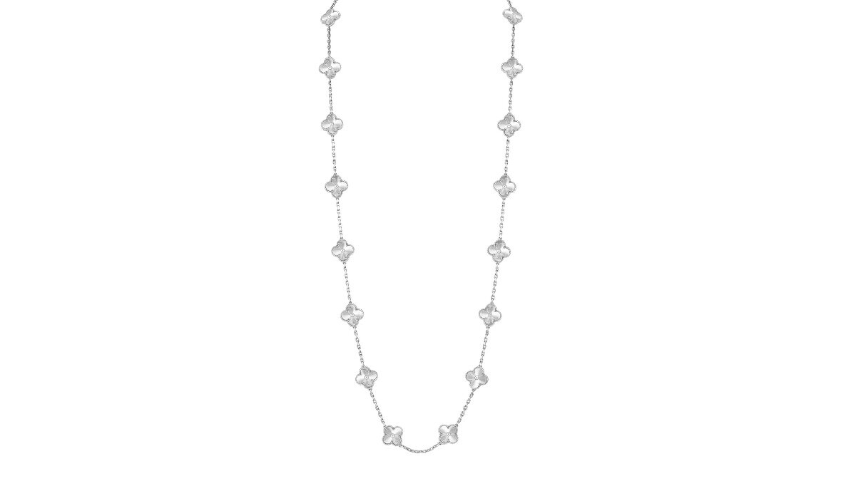 Vintage Alhambra長鍊，20枚四葉幸運圖騰，白K金，璣鏤雕花。